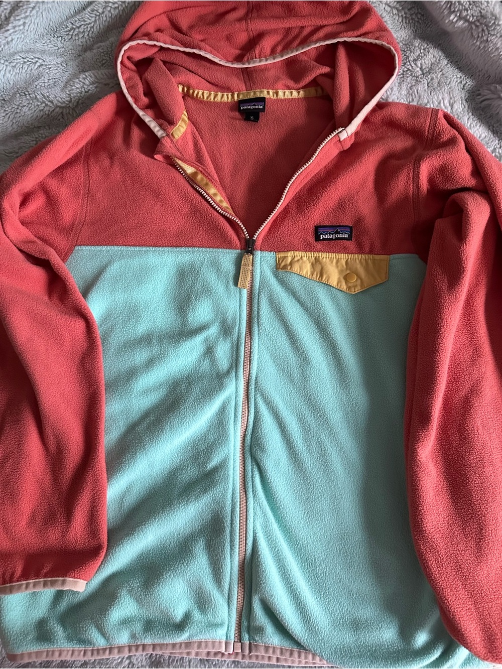 Patagonia Colorblock Fleece Hoodie in Coral, Light Blue & Yellow
